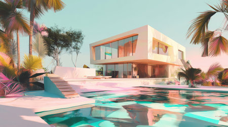 bechfront low poly futuristic rendering of a beachfront villa