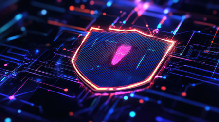 protection radiating cybersecurity shield in line art style