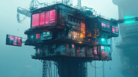 technology dismantling a cyberpunk house under construction