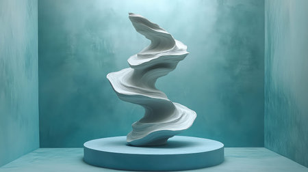 Abstract flowing white sculpture on blue pedestalの写真素材