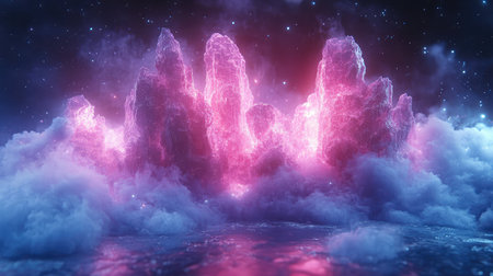 Glowing crystal mountains rising from nebula clouds