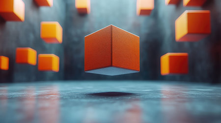 Orange cube levitating in dark concrete room