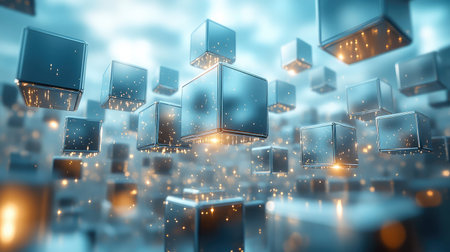 Technology network connecting cubes abstract floating data conceptの写真素材