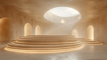 Architectural stairs leading upwards to ethereal light