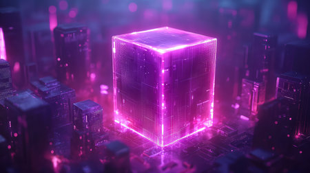 Glowing purple cube rising in futuristic city environment