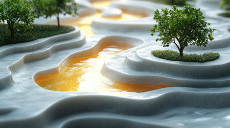 Miniature landscape with flowing golden liquid river and green treesの写真素材