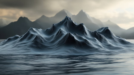 Dark mountain landscape emerging from water under moody sky