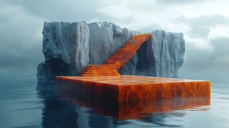 Orange glowing stairs emerging from water on islandの写真素材
