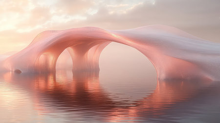 Abstract flowing architectural structure over reflective water at sunset