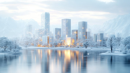 Winter cityscape with glowing buildings reflecting in tranquil lakeの写真素材