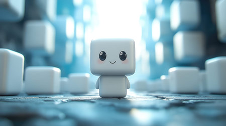 Cute cube robot character standing in digital world
