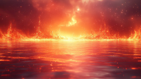 Abstract water surface reflecting intense fiery apocalypse burning