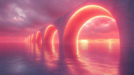 Futuristic bridge structure with glowing arches over waterの写真素材