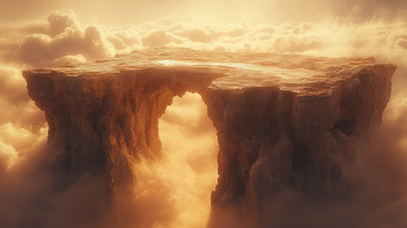 Fantasy floating island with natural rock arch in golden sky