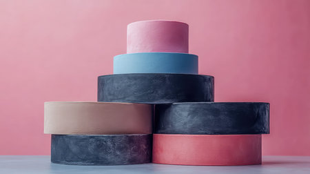 Stacking geometric cylinder shapes in pastel colors