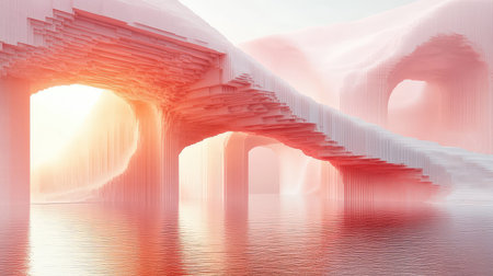 Abstract architectural arches reflecting in calm waterの写真素材