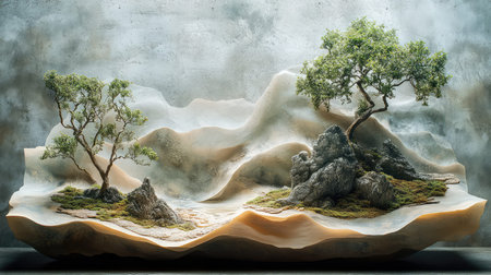 Miniature fantasy landscape with two bonsai trees and rocksの写真素材