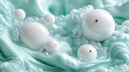 White spheres with eyes floating on mint green fluid