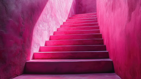 Pink concrete stairs leading upward with light and shadowの写真素材