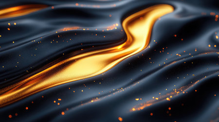 Flowing black and gold liquid fabric texture with sparklesの写真素材