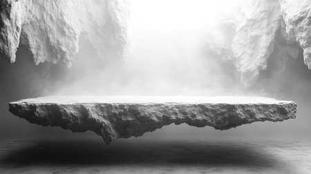 Floating rock platform in foggy abstract cave environment