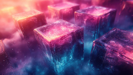 Glowing cosmic cubes floating in vibrant fantasy spaceの写真素材