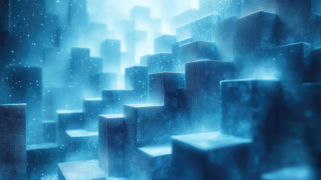 Digital stairs ascending in glowing blue particle field