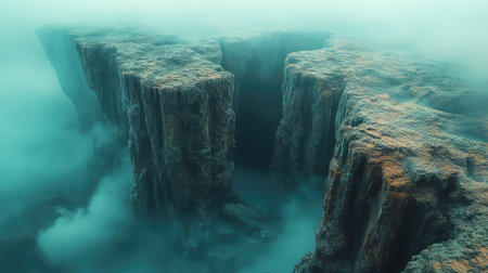 Deep canyon fissure with steep cliffs and thick fog