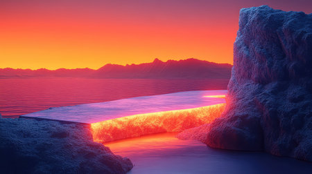 Glowing lava rock formation at sunset over oceanの写真素材