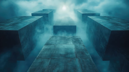 Abstract concrete blocks path leading to light