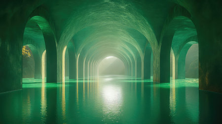 Underground cistern arches reflecting green water light