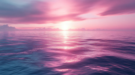 Pink sunset over calm ocean reflecting sunの写真素材
