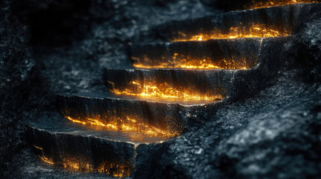 Glowing molten lava flowing down dark stone steps