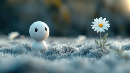 Cute white character finding hope in winter frostの写真素材