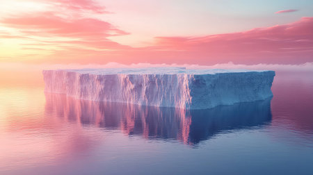 Iceberg floating at sunset reflecting pink sky