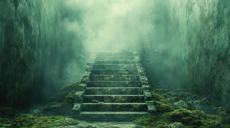 Ancient stone stairs leading to mysterious light