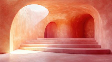 Abstract archways with stairs and warm light creating serenityの写真素材