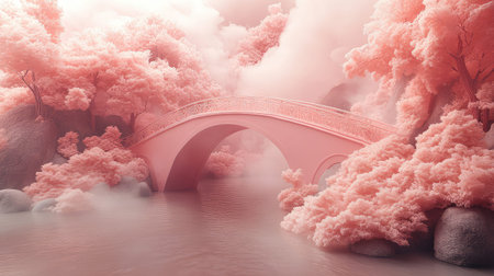 Arched bridge spanning pink river through fantasy landscapeの写真素材