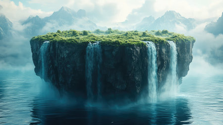 Floating island with waterfalls in mystical landscapeの写真素材