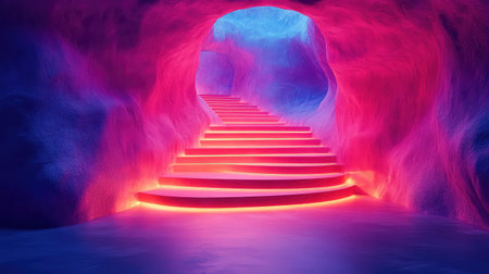 Glowing neon stairs in futuristic cave tunnel