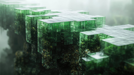 Green glass cubes forming abstract nature structureの写真素材