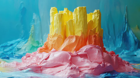 Abstract impasto paint landscape forming a colorful island castleの写真素材