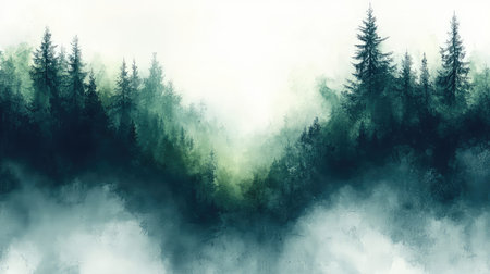 Misty forest landscape painting showing evergreen trees in fogの写真素材