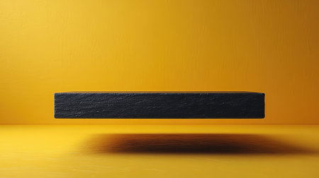 Levitation black block on yellow background casting shadow