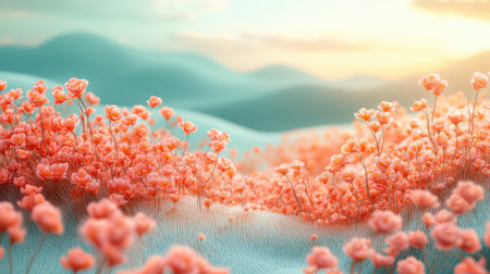 Coral flowers blooming in ethereal pastel landscape