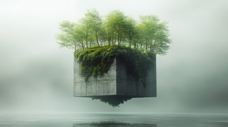 Floating concrete island with green trees in misty environmentの写真素材