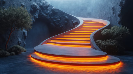 Glowing modern staircase leading upwards in dark cave