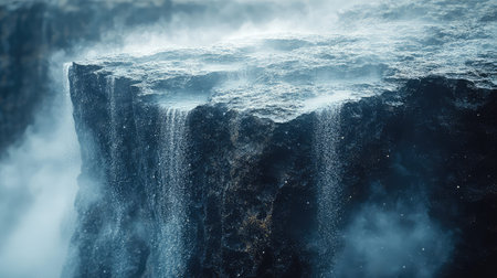 Water falling powerfully over dark cliff creating mist