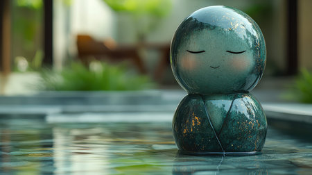 Zen ceramic figurine meditating on tranquil water surface