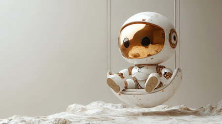 Cute robot astronaut swinging on lunar landscapeの写真素材